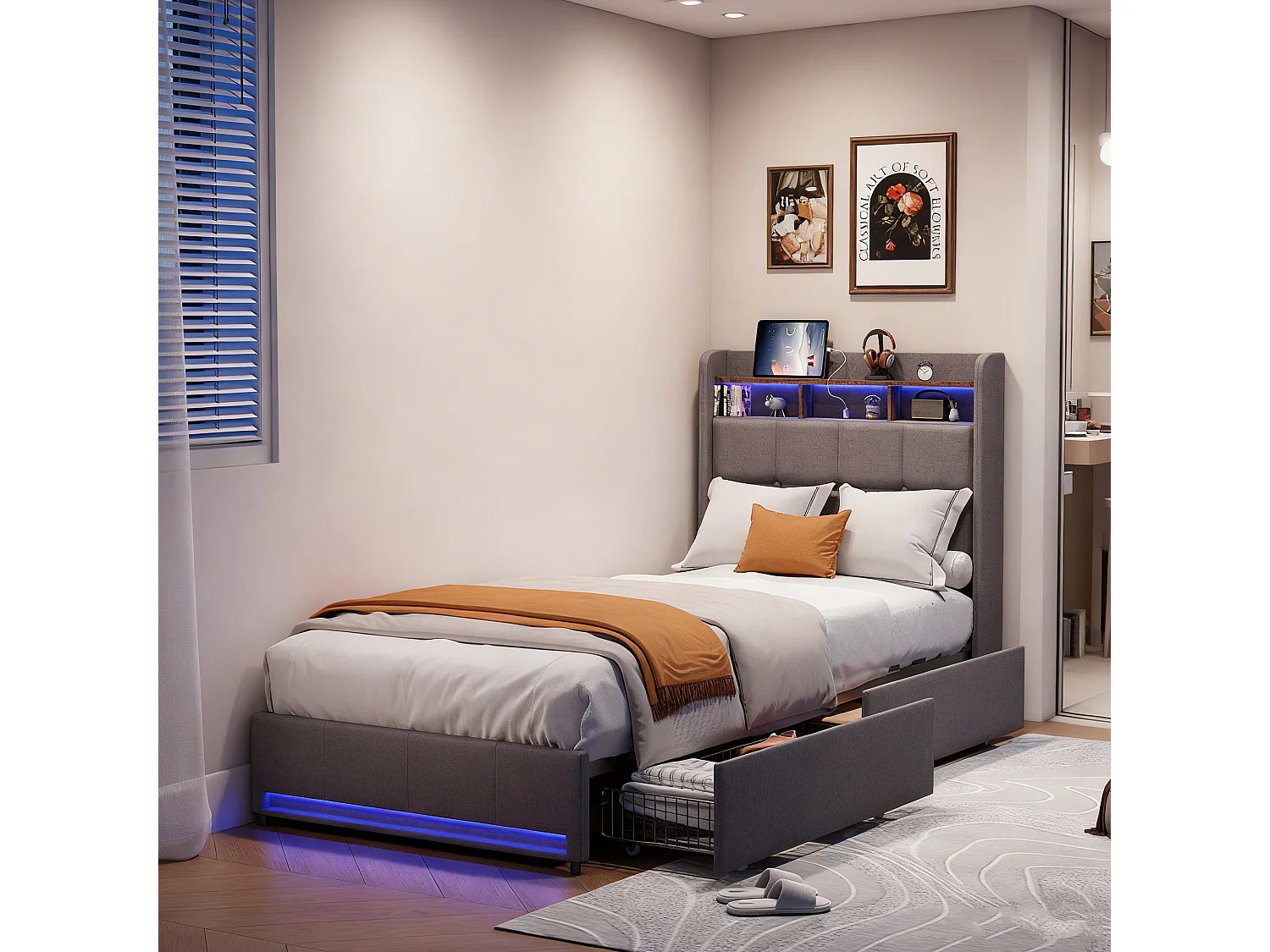 Lit simple 90x200 avec sommier à lattes - lit 90x200 cm avec  tiroirs rembourré - capitonné en tissu lin - LED et USB - Gris