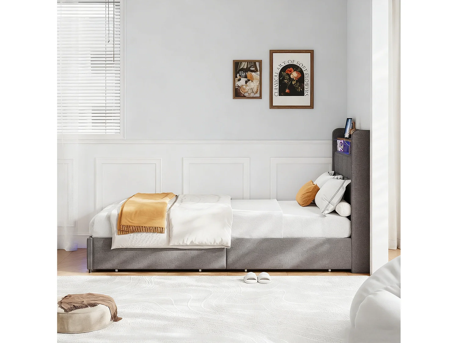 Lit simple 90x200 avec sommier à lattes - lit 90x200 cm avec  tiroirs rembourré - capitonné en tissu lin - LED et USB - Gris