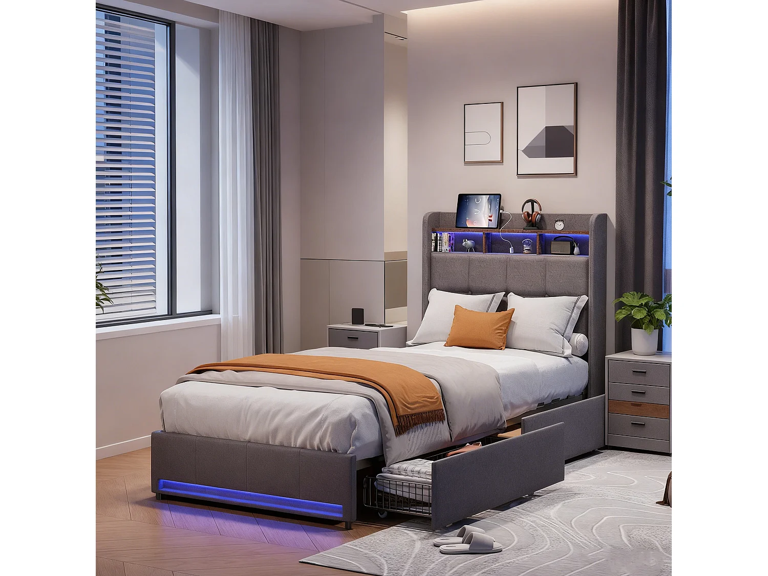 Lit simple 90x200 avec sommier à lattes - lit 90x200 cm avec  tiroirs rembourré - capitonné en tissu lin - LED et USB - Gris