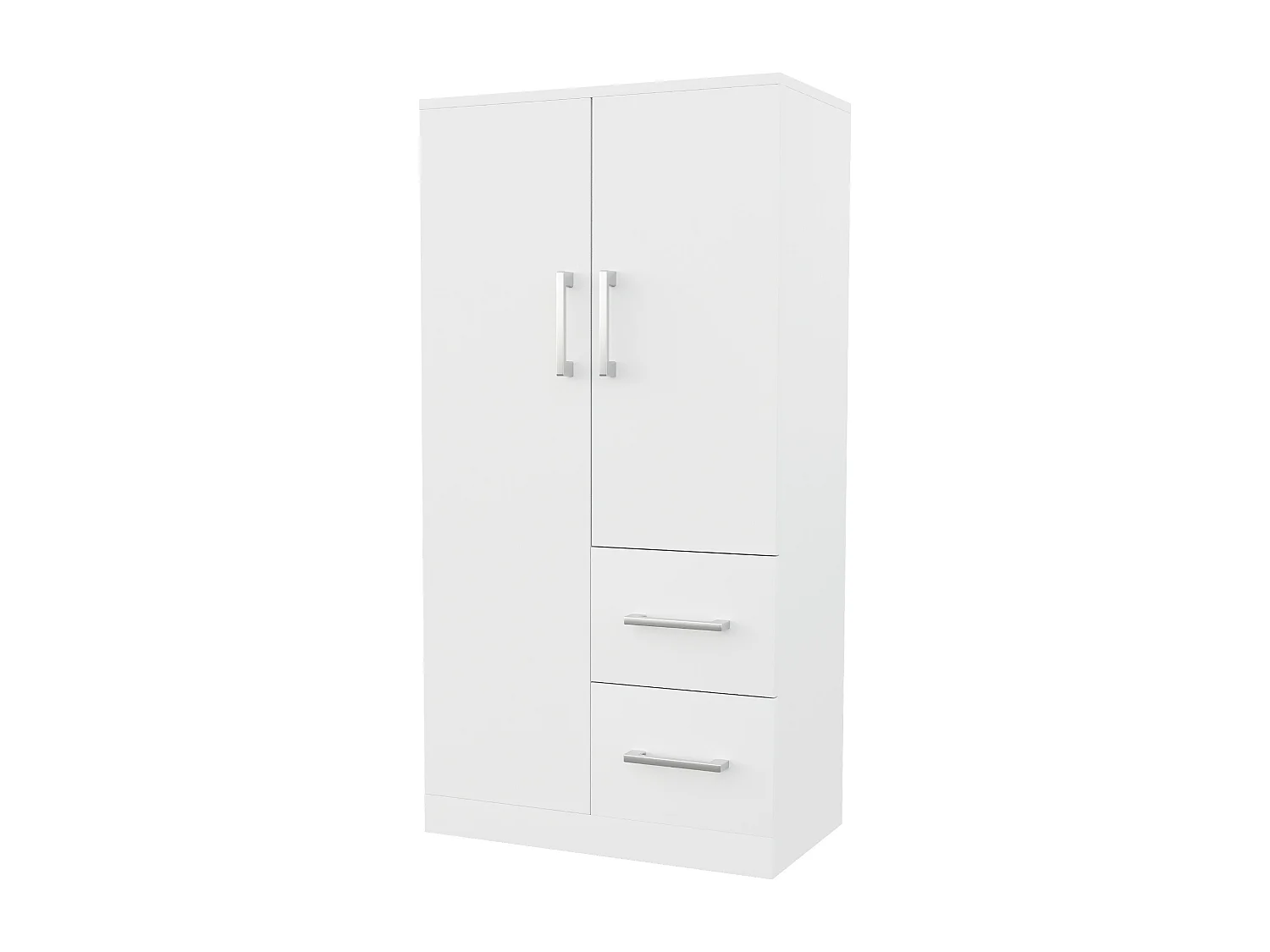 Kleiderschrank fürs Schlafzimmer, weißer Kleiderschrank mit 2 Türen und 2 Schubladen, silberfarbene Griffe