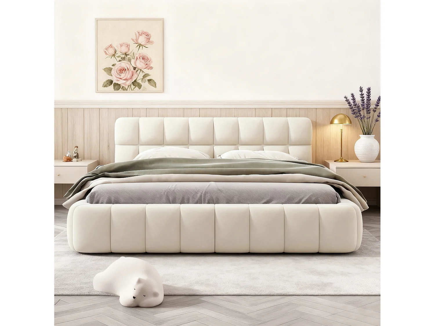 Lit double 140 x 200 cm - Lit adulte avec sommier à lattes - cadre de lit en tissu effet lin beige - style crémeux