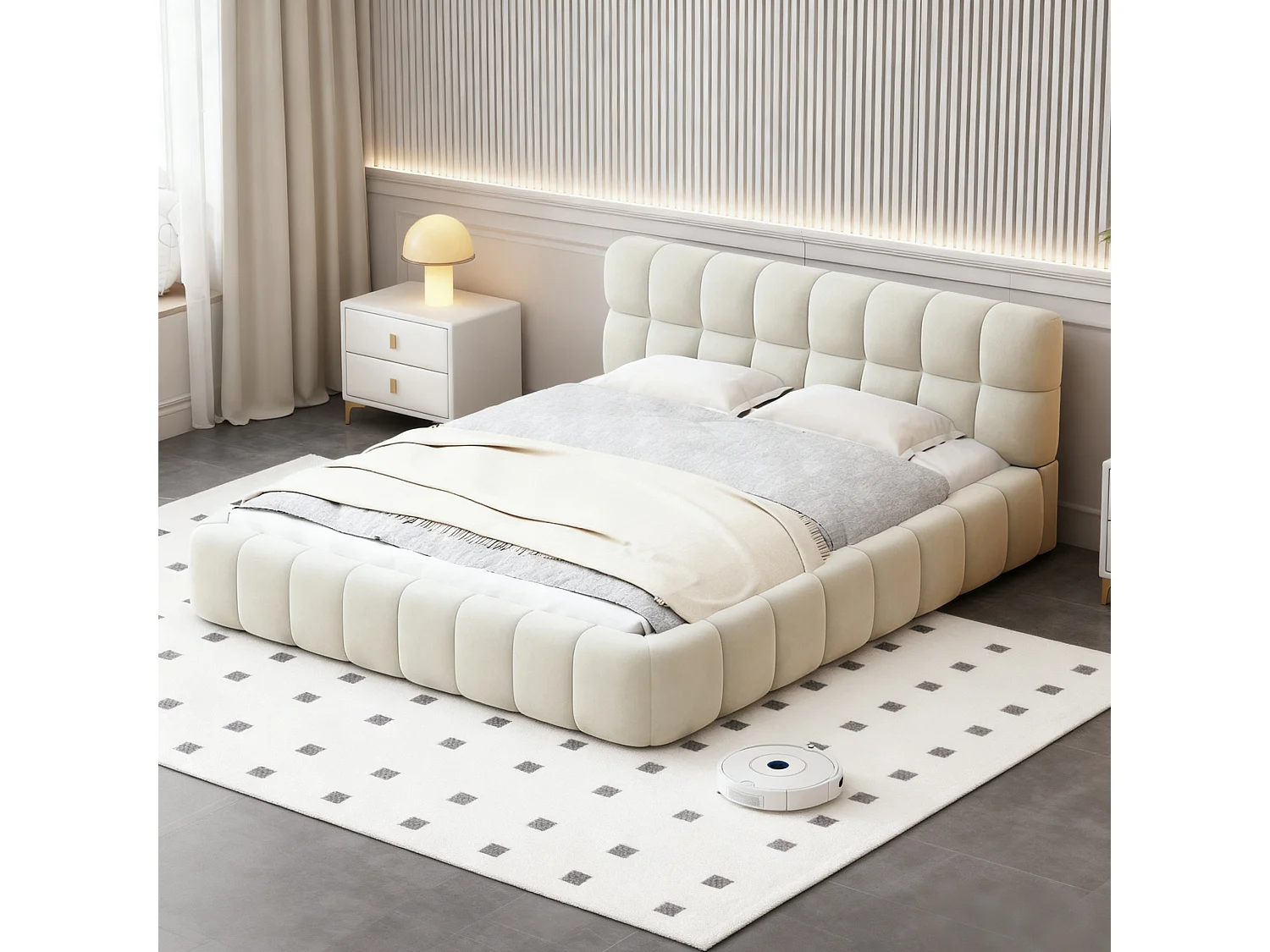 Lit double 140 x 200 cm - Lit adulte avec sommier à lattes - cadre de lit en tissu effet lin beige - style crémeux