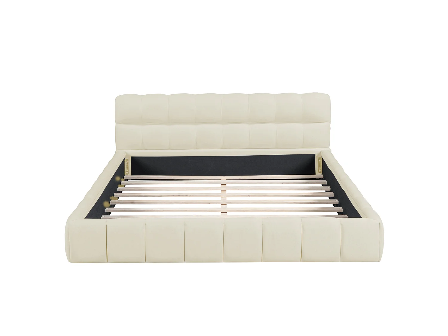 Lit double 140 x 200 cm - Lit adulte avec sommier à lattes - cadre de lit en tissu effet lin beige - style crémeux