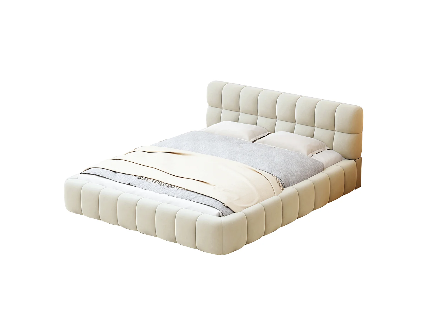 Lit double 140 x 200 cm - Lit adulte avec sommier à lattes - cadre de lit en tissu effet lin beige - style crémeux