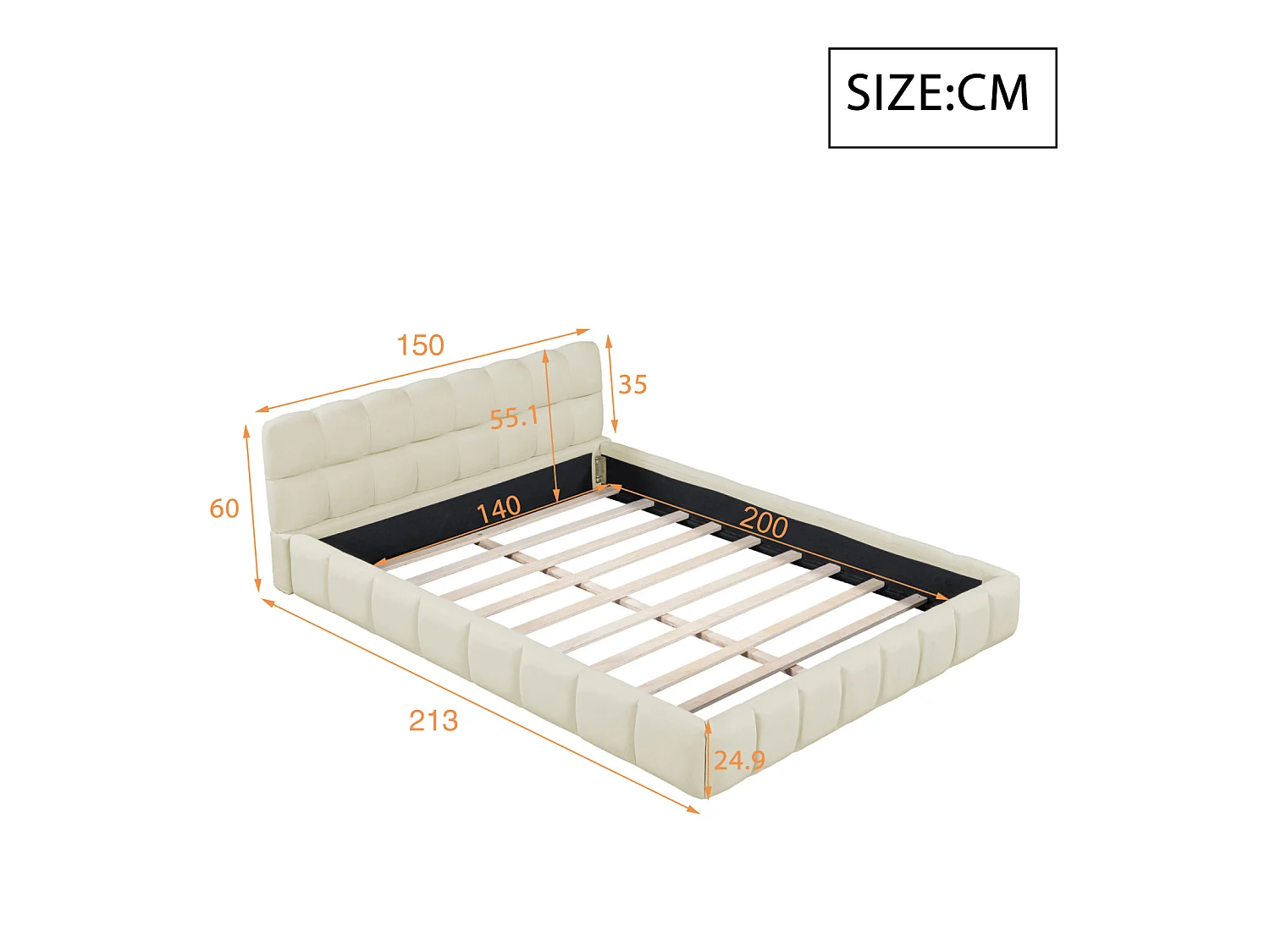 Lit double 140 x 200 cm - Lit adulte avec sommier à lattes - cadre de lit en tissu effet lin beige - style crémeux