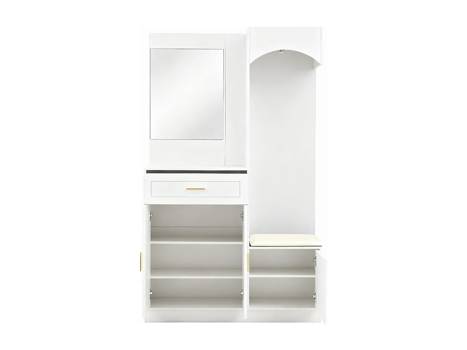Weiße Garderobe mit Spiegel, einer Schublade und drei Türen – für Eingangsbereiche und Flure