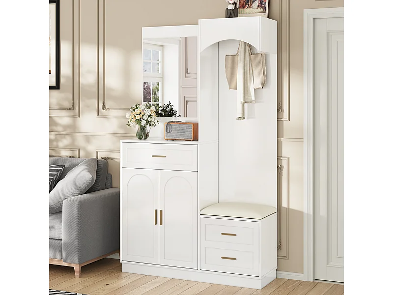 Weiße Garderobe mit Spiegel, einer Schublade und drei Türen – für Eingangsbereiche und Flure