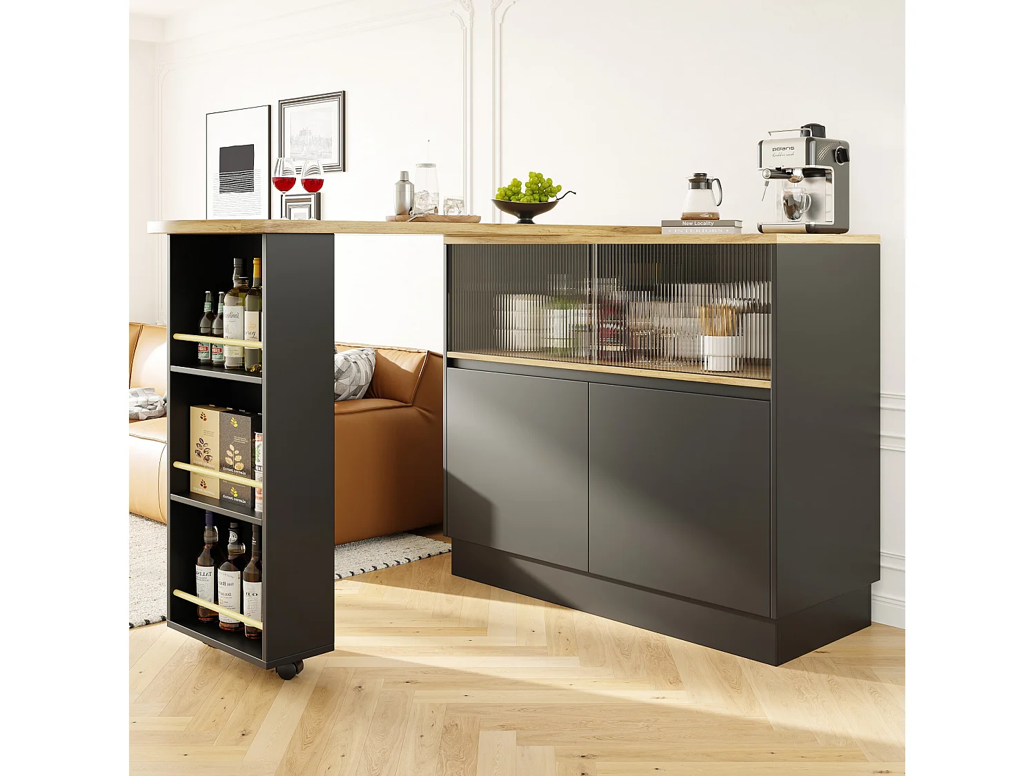 Aparador negro, aparador de cocina con 2 puertas de cristal y 2 de MDF, encimera giratoria