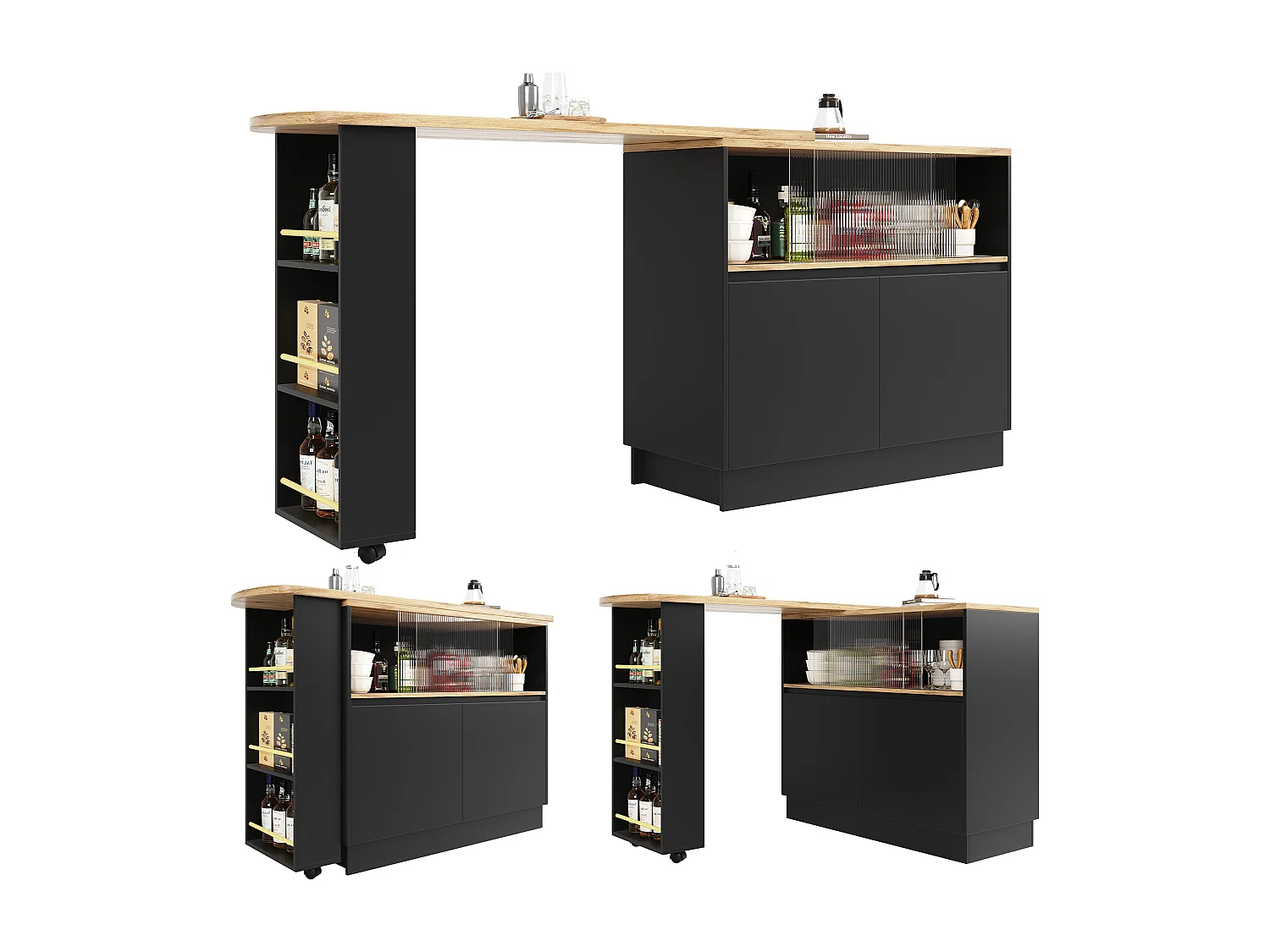 Aparador negro, aparador de cocina con 2 puertas de cristal y 2 de MDF, encimera giratoria