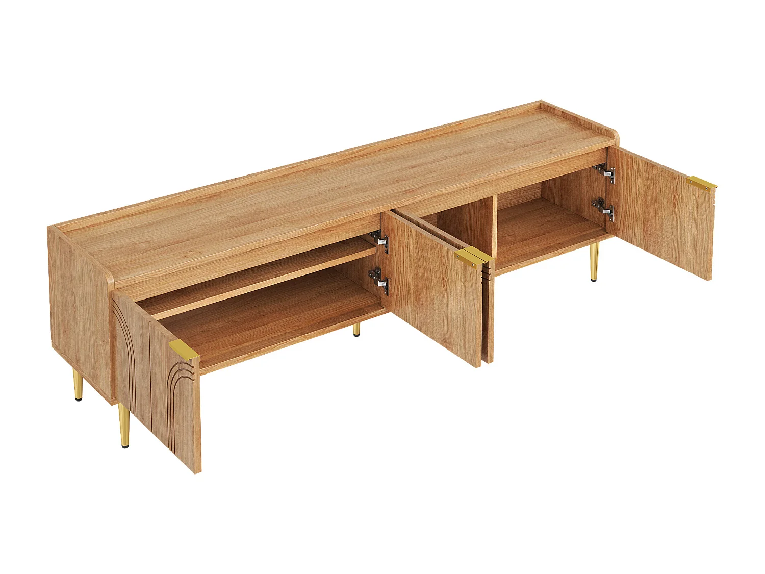 Mueble de TV natural, mueble de TV moderno con 4 puertas texturizadas, tiradores y patas doradas - para salón y oficina