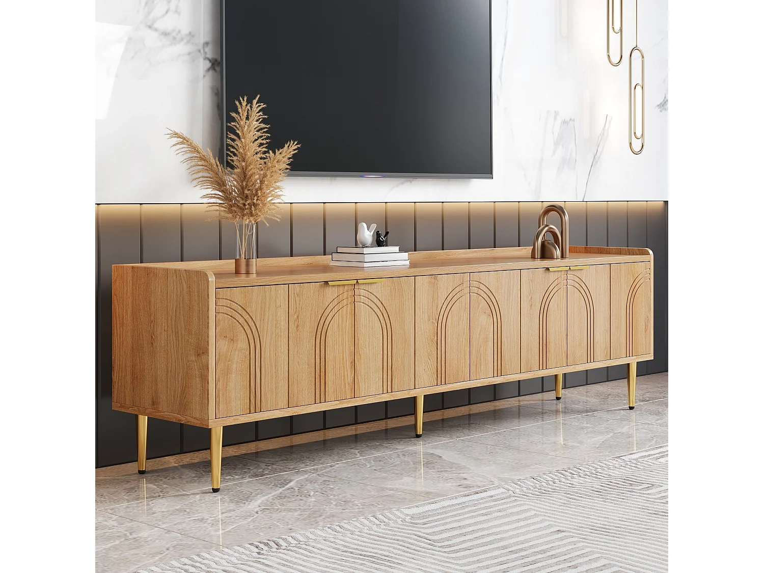 Meuble TV naturel, meuble TV moderne avec 4 portes texturées, poignées dorées et pieds dorés - pour salon et bureau