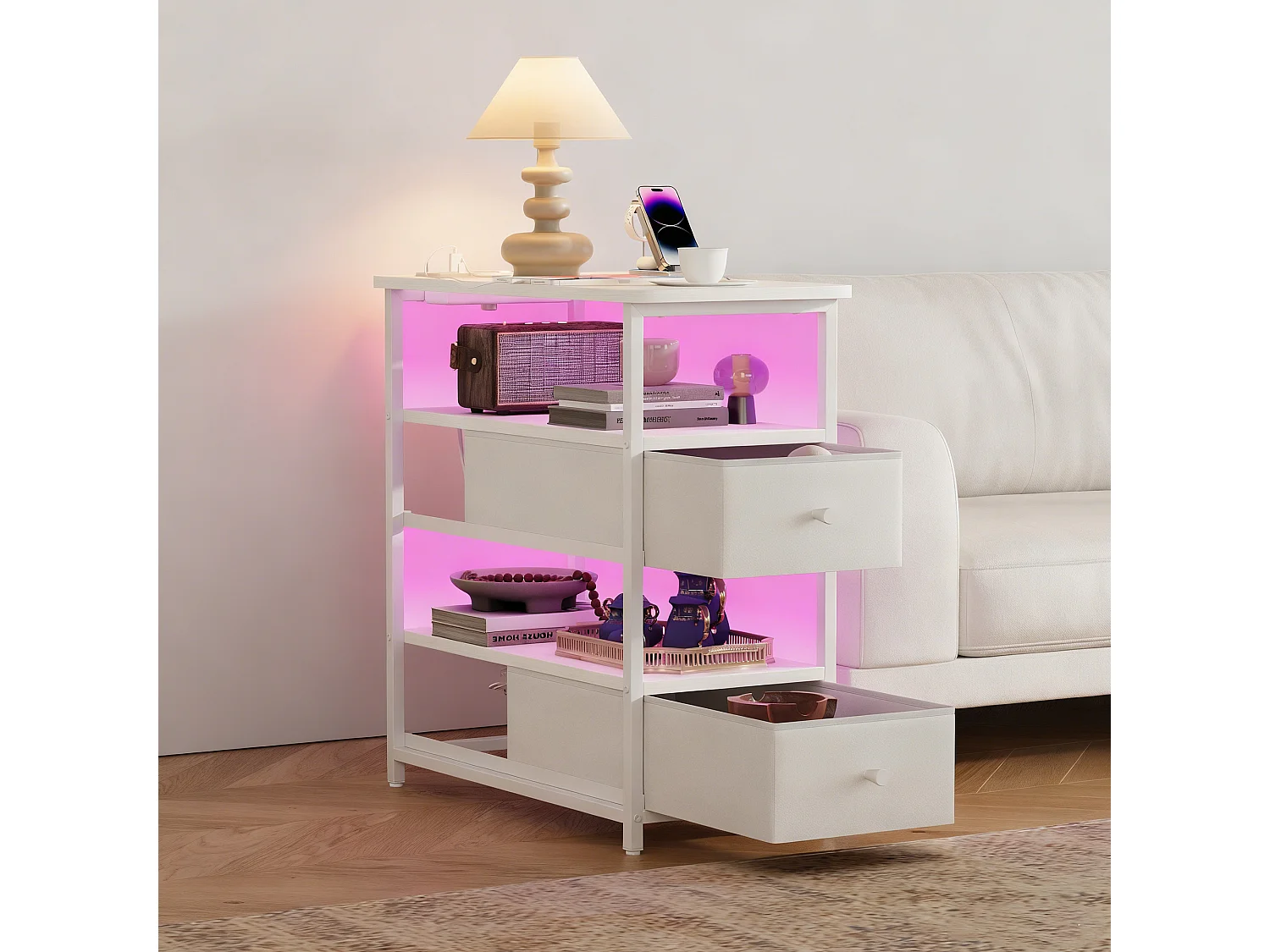 Meuble De Chevet Commode 2 Tiroirs et étagère, Table de Nuit Moderne avec LED et USB, Blanc