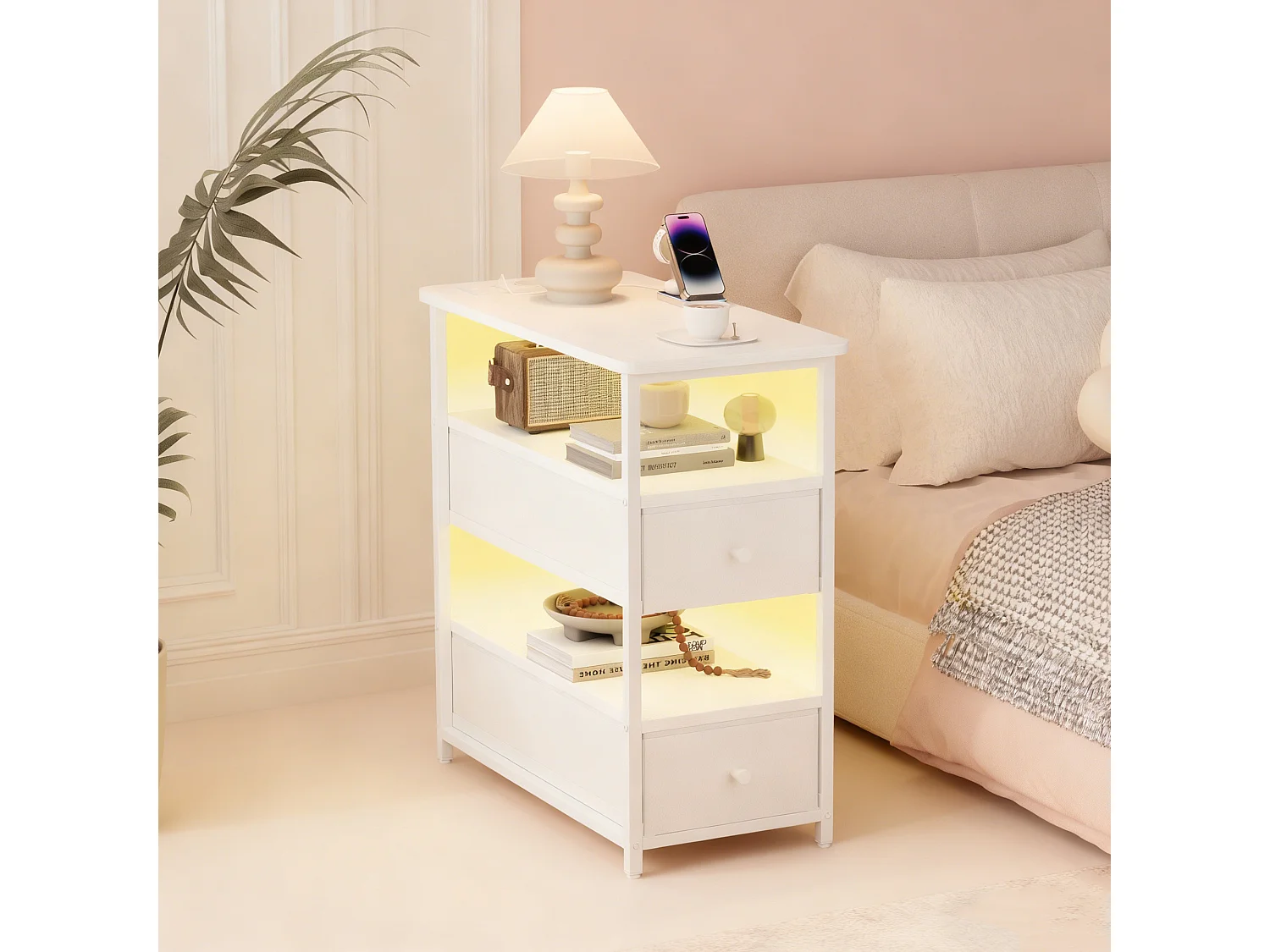Meuble De Chevet Commode 2 Tiroirs et étagère, Table de Nuit Moderne avec LED et USB, Blanc