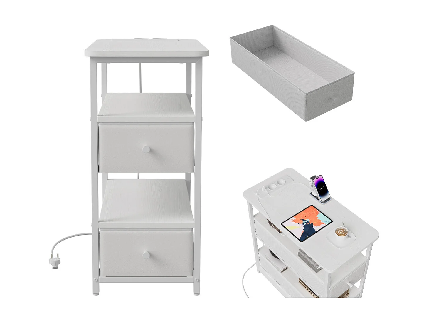 Meuble De Chevet Commode 2 Tiroirs et étagère, Table de Nuit Moderne avec LED et USB, Blanc