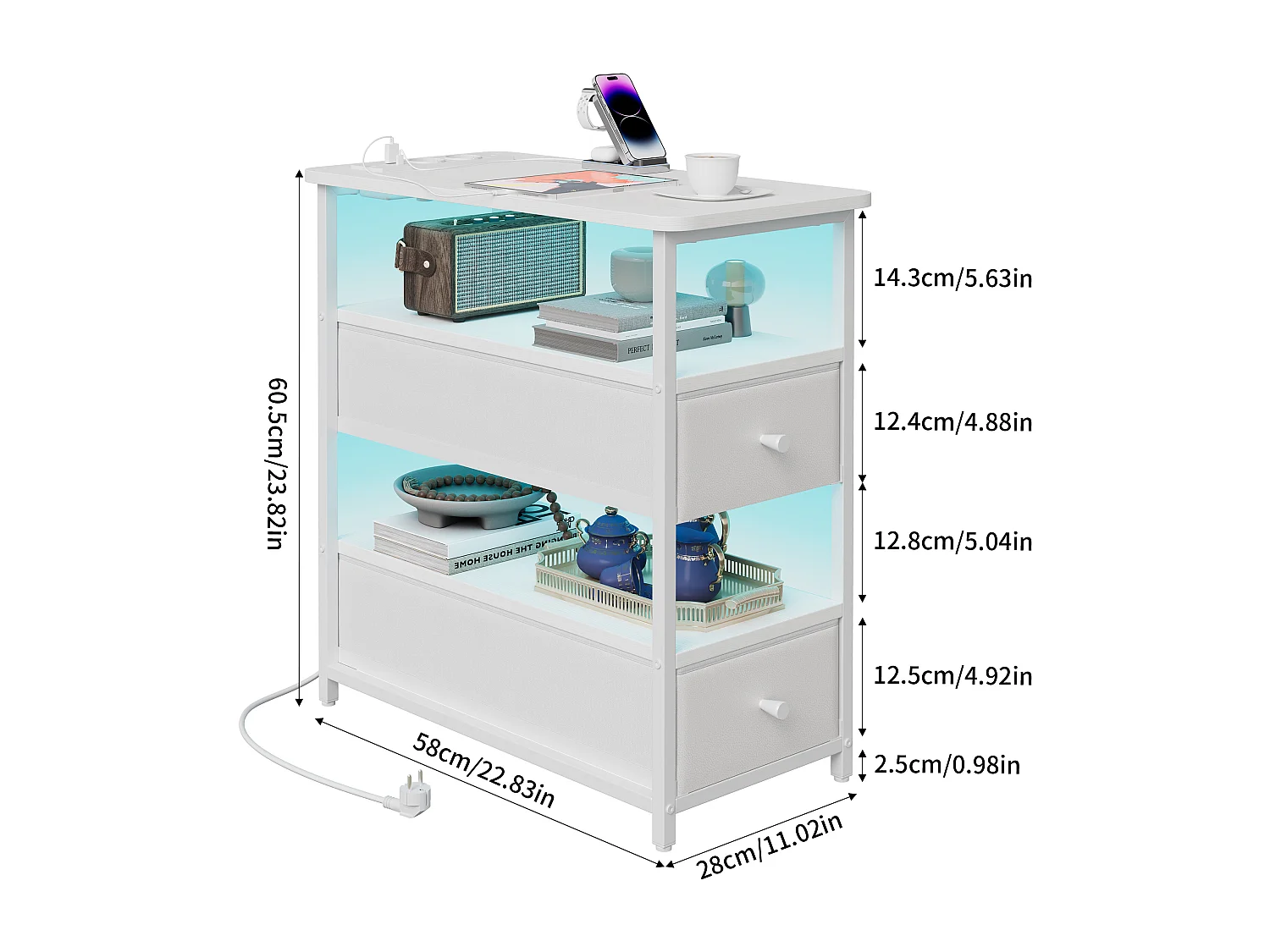 Meuble De Chevet Commode 2 Tiroirs et étagère, Table de Nuit Moderne avec LED et USB, Blanc