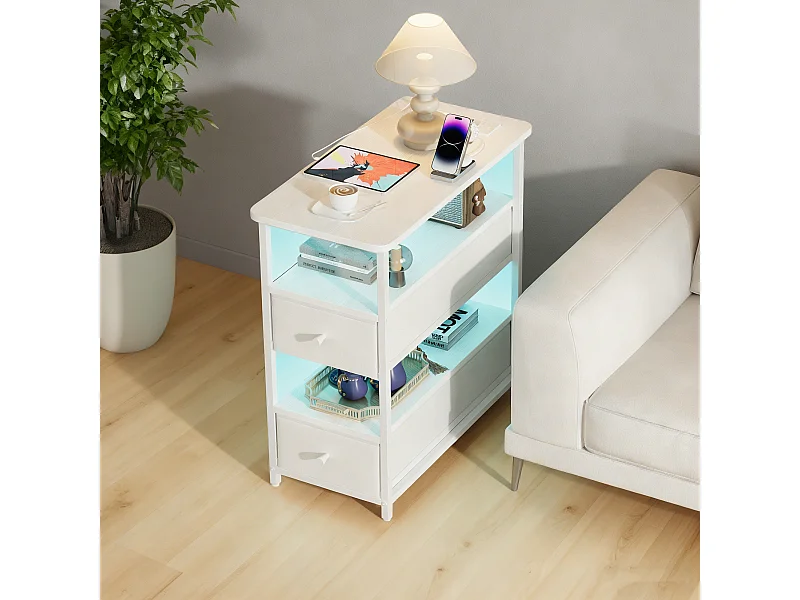 Meuble De Chevet Commode 2 Tiroirs et étagère, Table de Nuit Moderne avec LED et USB, Blanc
