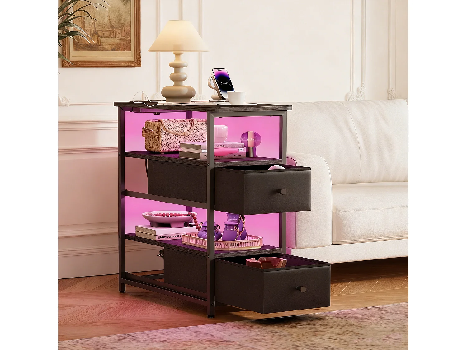 Meuble De Chevet Commode 2 Tiroirs et étagère, Table de Nuit Moderne avec LED et USB, Noir