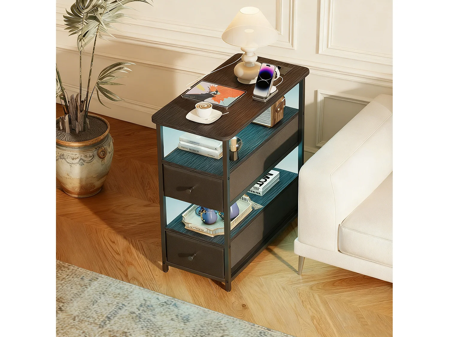 Meuble De Chevet Commode 2 Tiroirs et étagère, Table de Nuit Moderne avec LED et USB, Noir