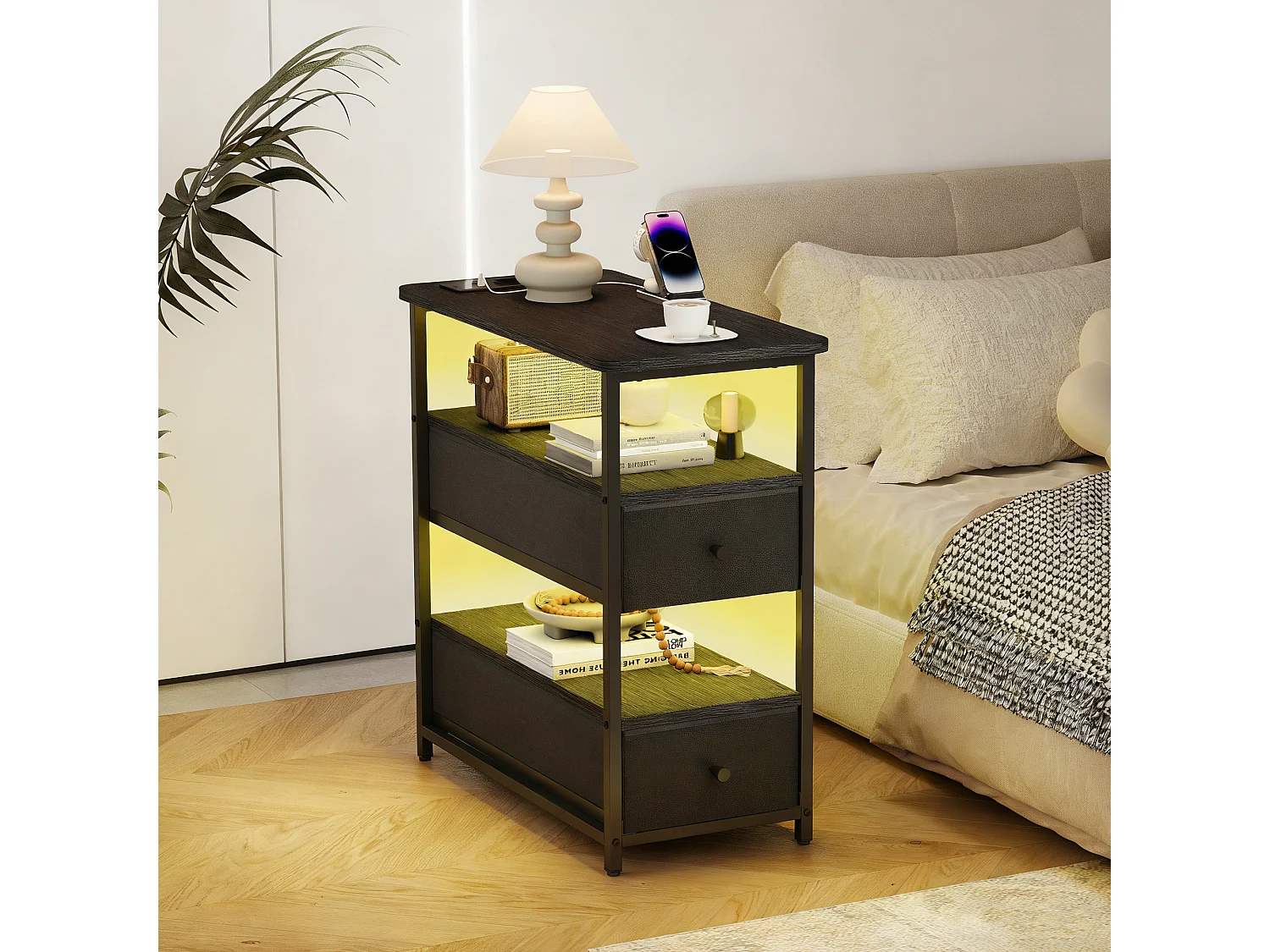 Meuble De Chevet Commode 2 Tiroirs et étagère, Table de Nuit Moderne avec LED et USB, Noir