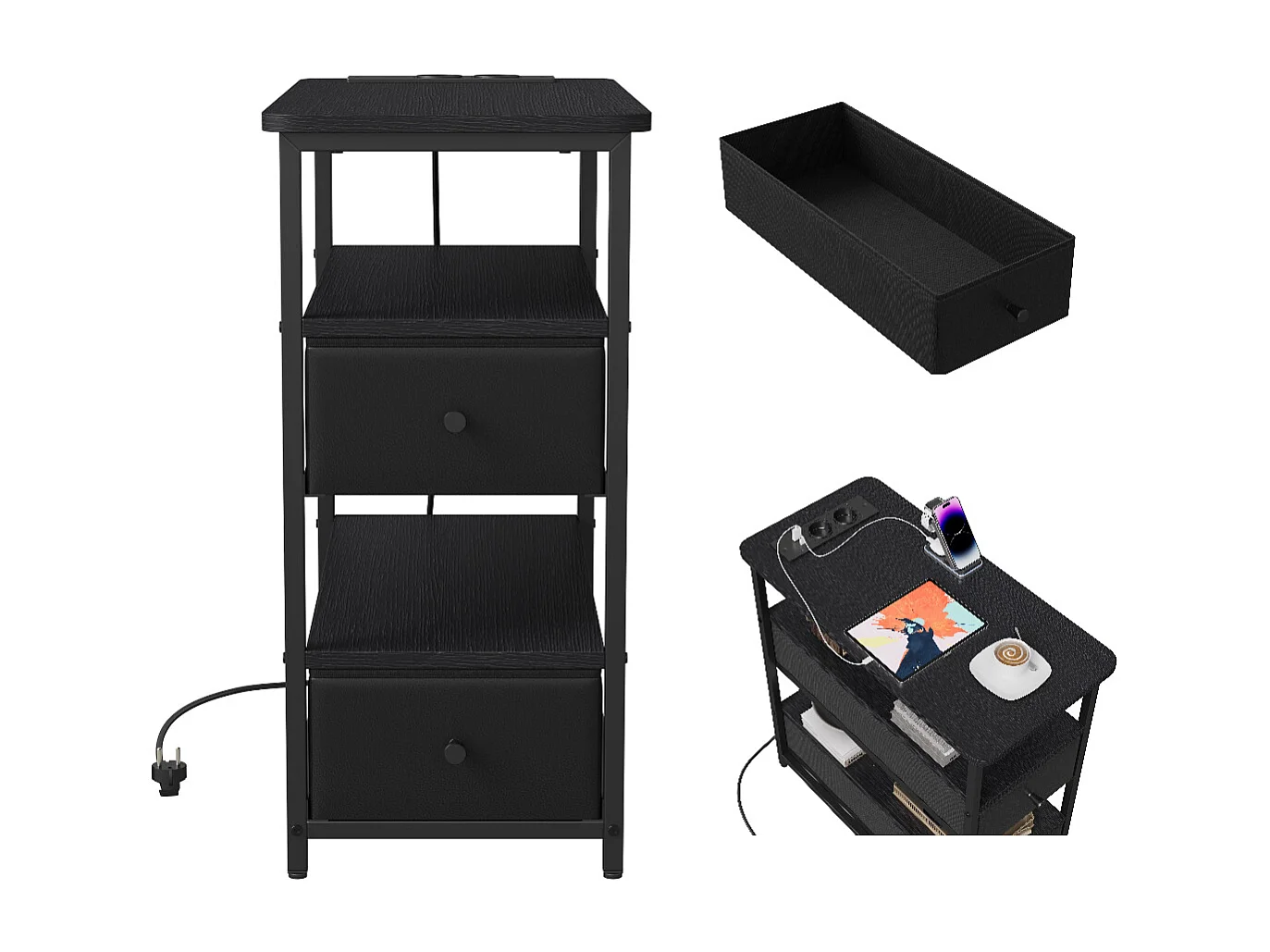Meuble De Chevet Commode 2 Tiroirs et étagère, Table de Nuit Moderne avec LED et USB, Noir