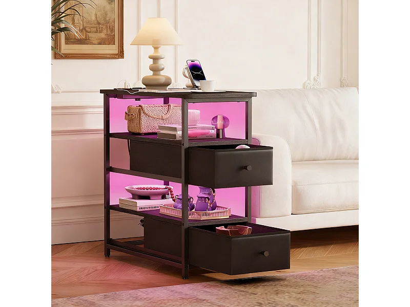 Meuble De Chevet Commode 2 Tiroirs et étagère, Table de Nuit Moderne avec LED et USB, Noir