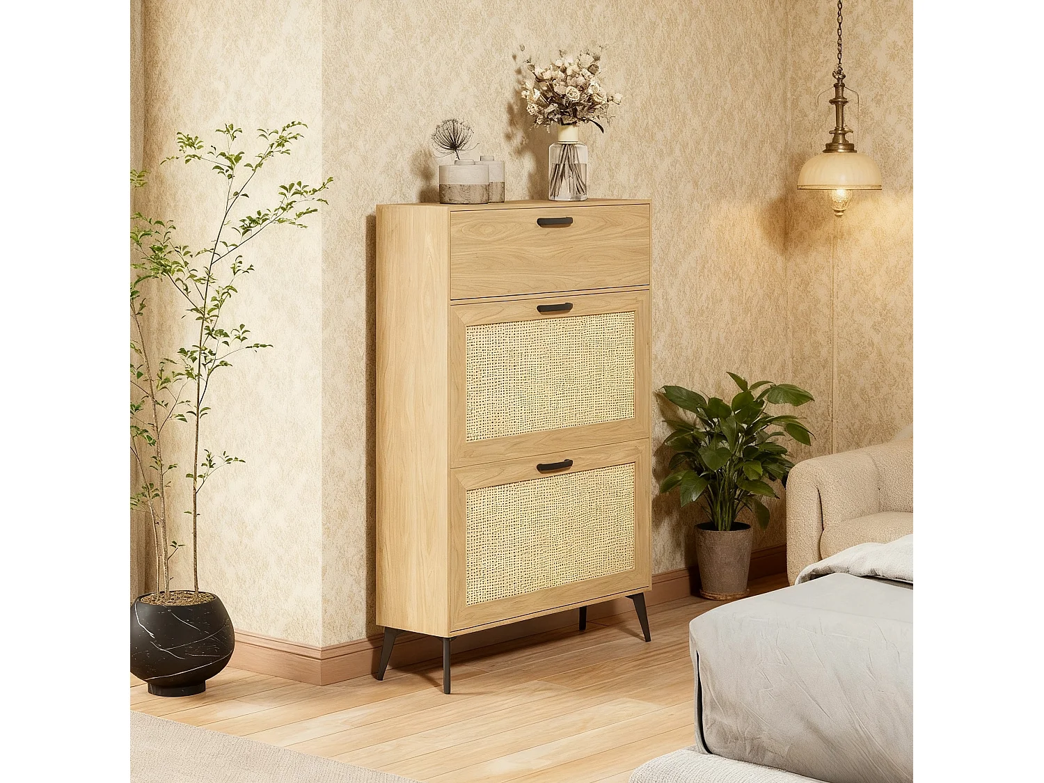 Meuble à chaussures en naturel rotin - avec 2 Abattants et 1 Tiroir - pieds et poignées en métal - bois massif - chêne - Pour 12 à 15 - Pairesstyle maison campagne