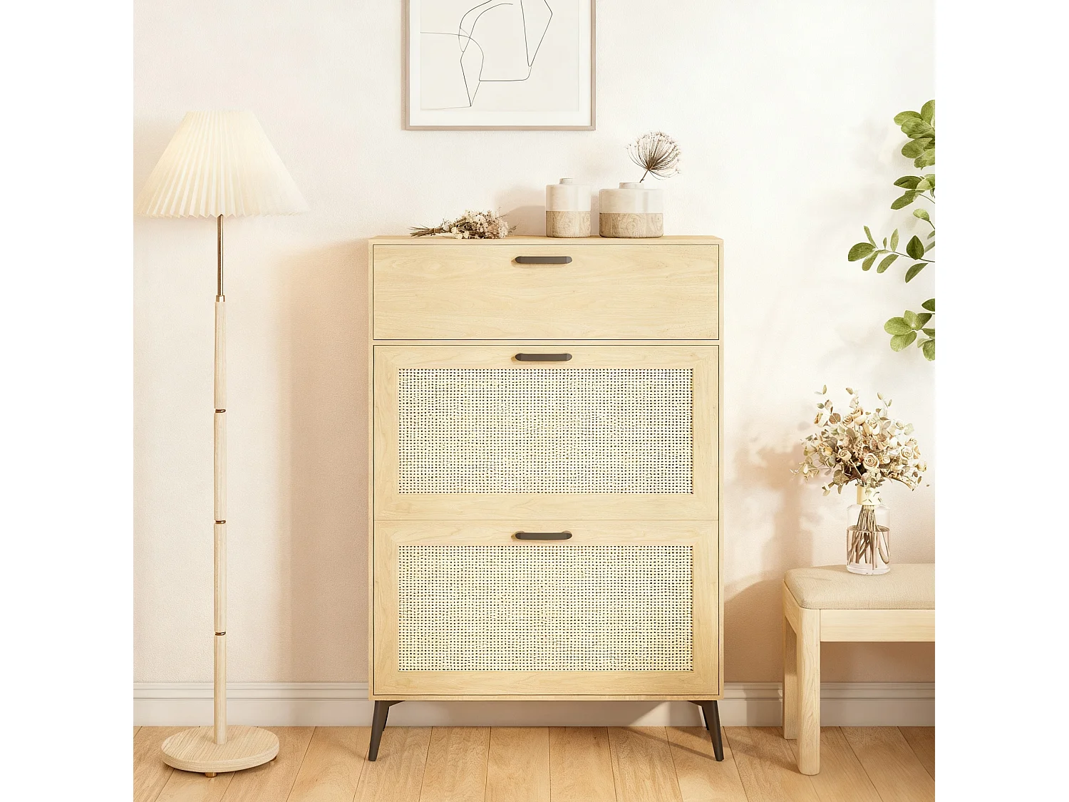 Meuble à chaussures en naturel rotin - avec 2 Abattants et 1 Tiroir - pieds et poignées en métal - bois massif - chêne - Pour 12 à 15 - Pairesstyle maison campagne