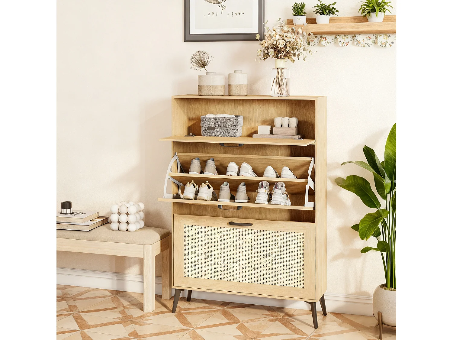 Meuble à chaussures en naturel rotin - avec 2 Abattants et 1 Tiroir - pieds et poignées en métal - bois massif - chêne - Pour 12 à 15 - Pairesstyle maison campagne