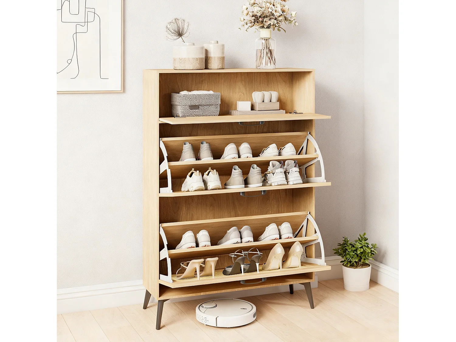 Meuble à chaussures en naturel rotin - avec 2 Abattants et 1 Tiroir - pieds et poignées en métal - bois massif - chêne - Pour 12 à 15 - Pairesstyle maison campagne