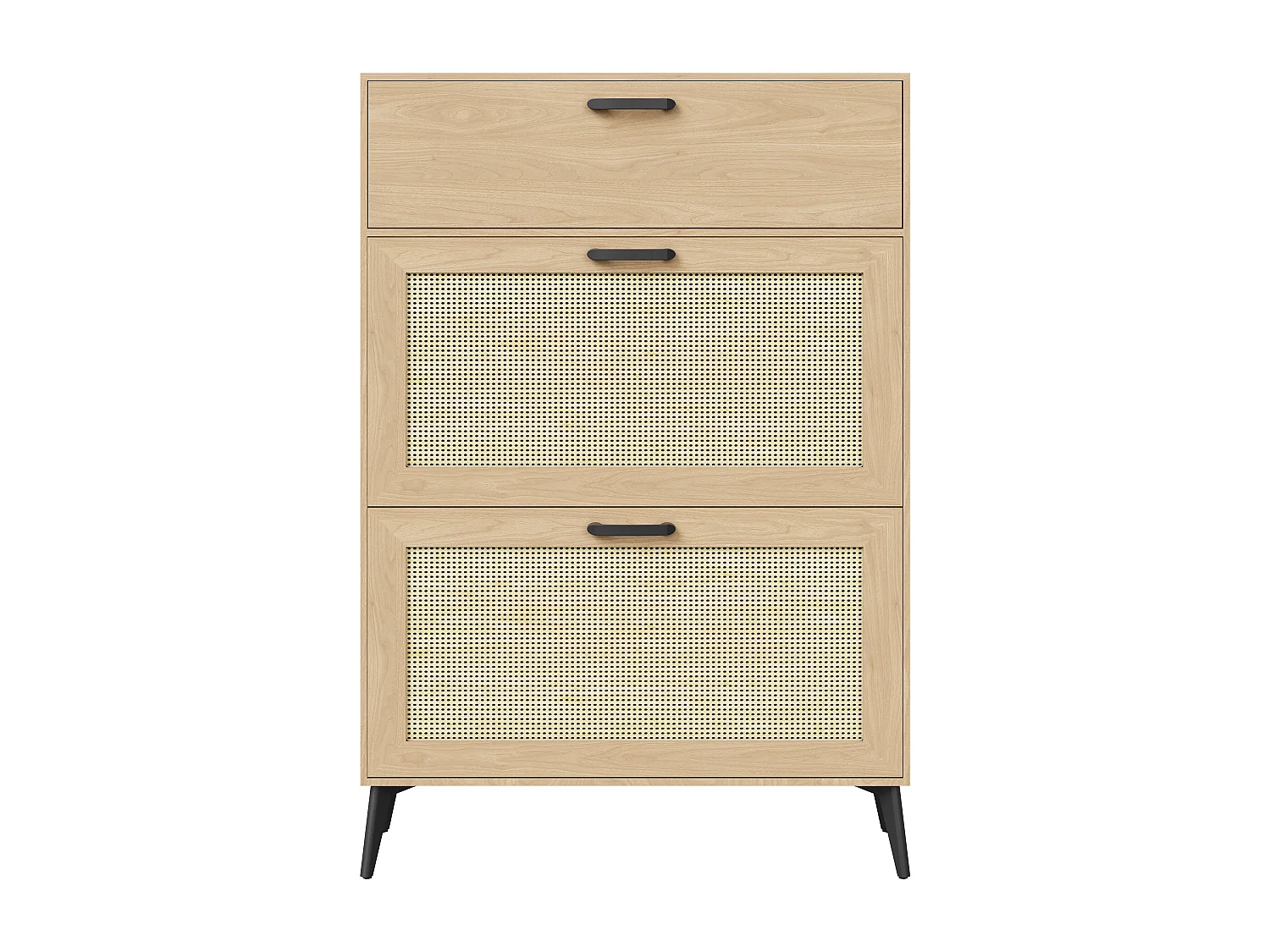 Meuble à chaussures en naturel rotin - avec 2 Abattants et 1 Tiroir - pieds et poignées en métal - bois massif - chêne - Pour 12 à 15 - Pairesstyle maison campagne