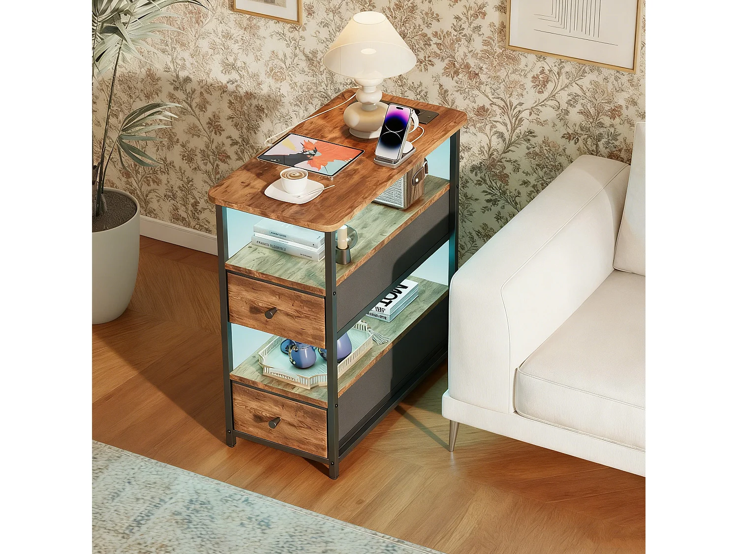 Meuble De Chevet Commode 2 Tiroirs et étagère, Table de Nuit Moderne avec LED et USB, Gris