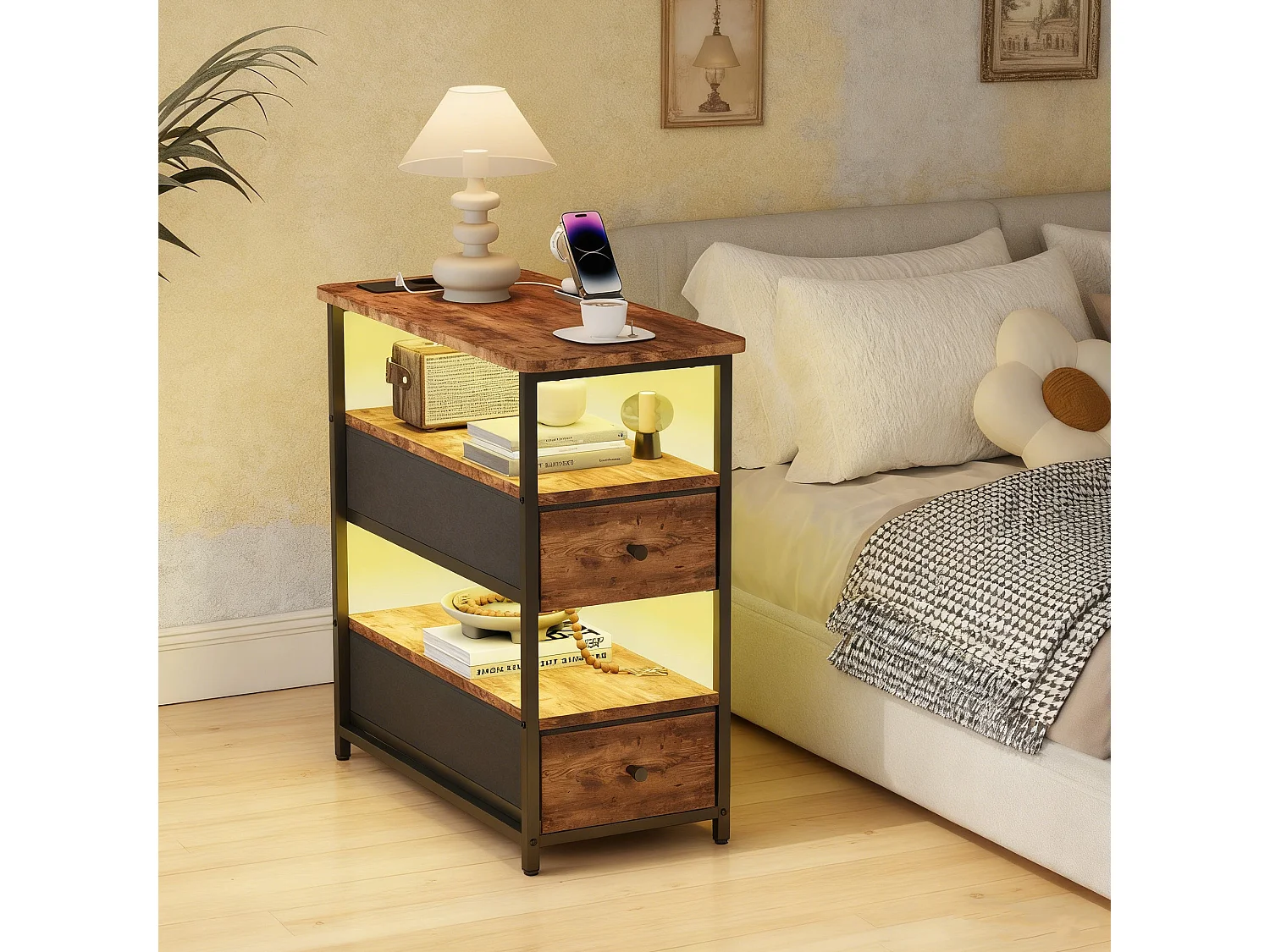 Meuble De Chevet Commode 2 Tiroirs et étagère, Table de Nuit Moderne avec LED et USB, Gris