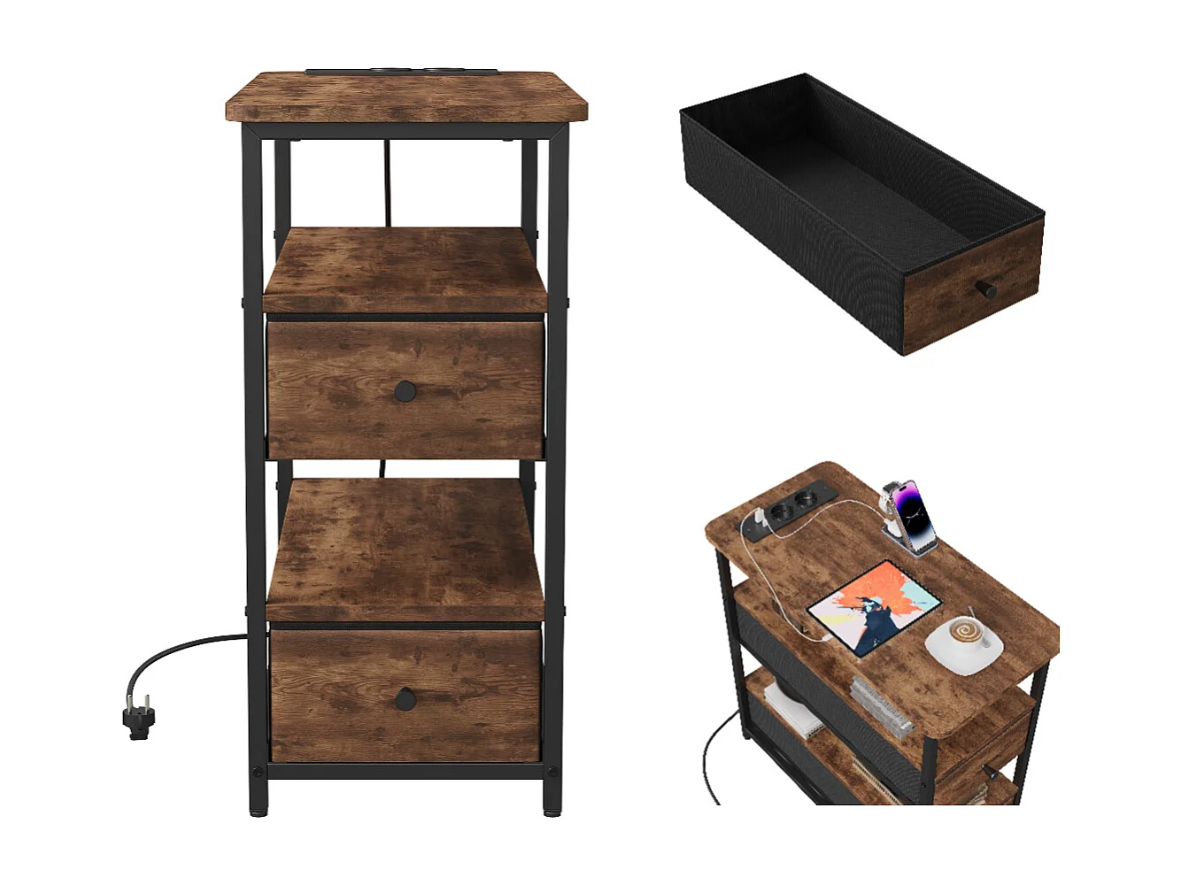 Meuble De Chevet Commode 2 Tiroirs et étagère, Table de Nuit Moderne avec LED et USB, Gris