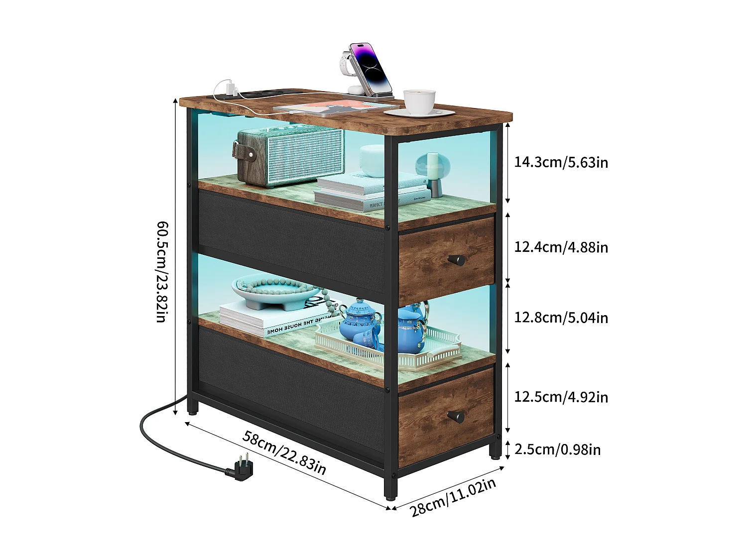 Meuble De Chevet Commode 2 Tiroirs et étagère, Table de Nuit Moderne avec LED et USB, Gris