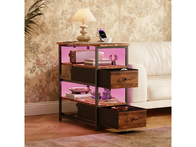 Meuble De Chevet Commode 2 Tiroirs et étagère, Table de Nuit Moderne avec LED et USB, Gris