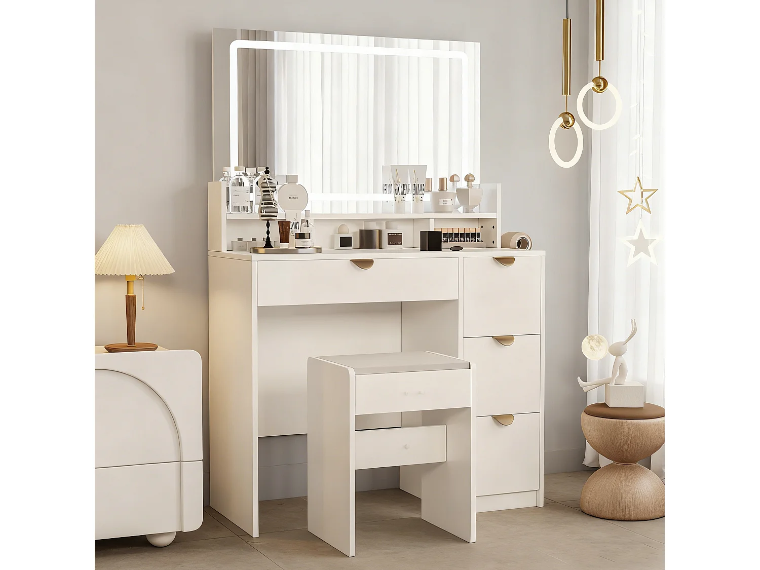 Coiffeuse avec miroir à LED et USB - rangements 4 tiroirs - support pour sèche-cheveux - avec un tabouret - Blanc