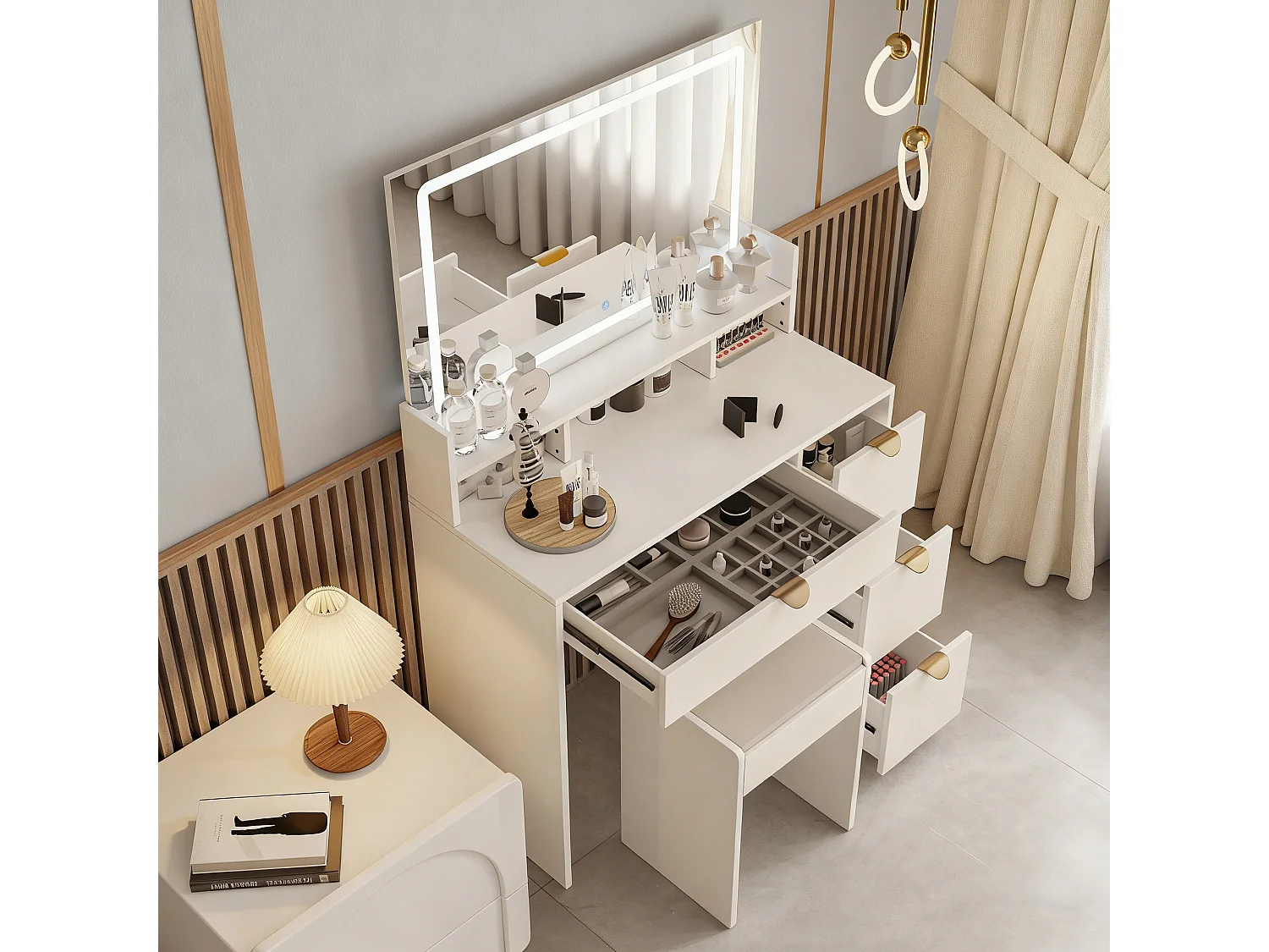 Coiffeuse avec miroir à LED et USB - rangements 4 tiroirs - support pour sèche-cheveux - avec un tabouret - Blanc