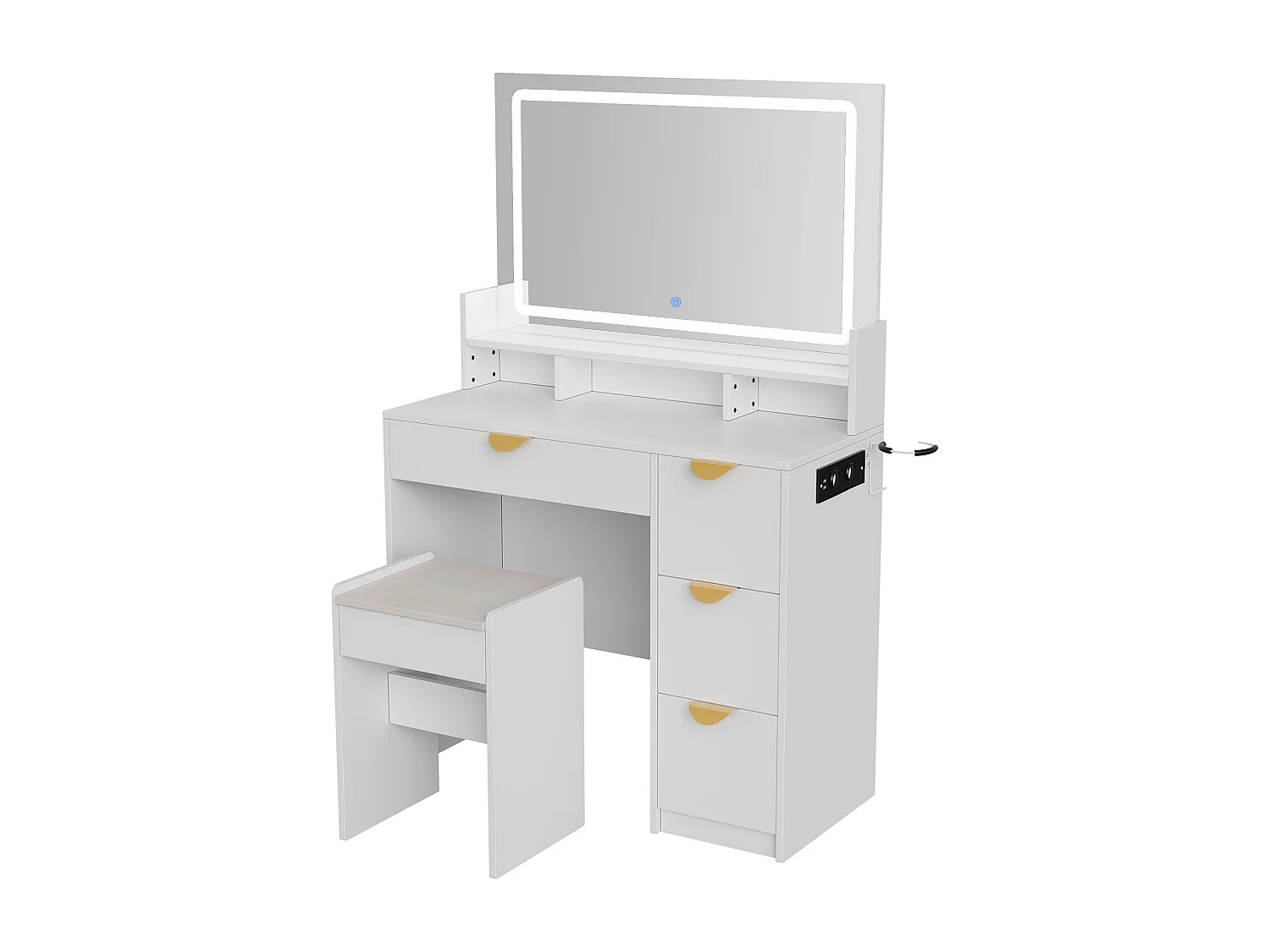 Coiffeuse avec miroir à LED et USB - rangements 4 tiroirs - support pour sèche-cheveux - avec un tabouret - Blanc