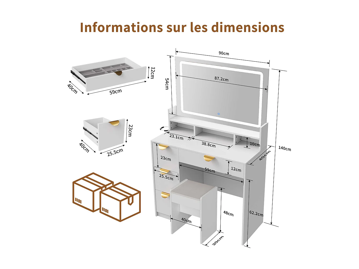Coiffeuse avec miroir à LED et USB - rangements 4 tiroirs - support pour sèche-cheveux - avec un tabouret - Blanc