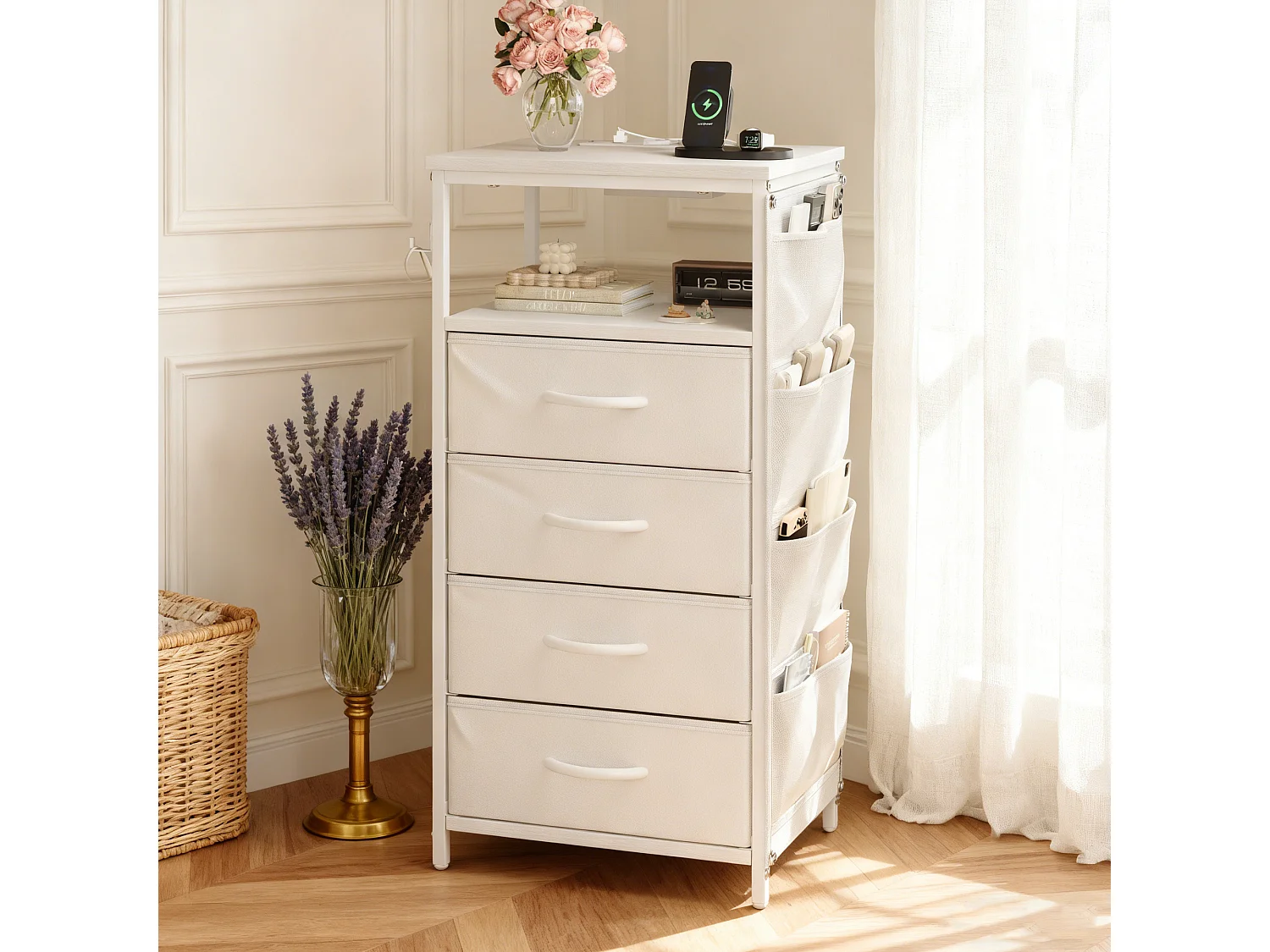 Meuble De Chevet Commode 4 Tiroirs avec LED et USB, 4 Poches latérales et crochets en 2 forme de L,Table de Nuit Moderne pour Chambre à Coucher, Beige