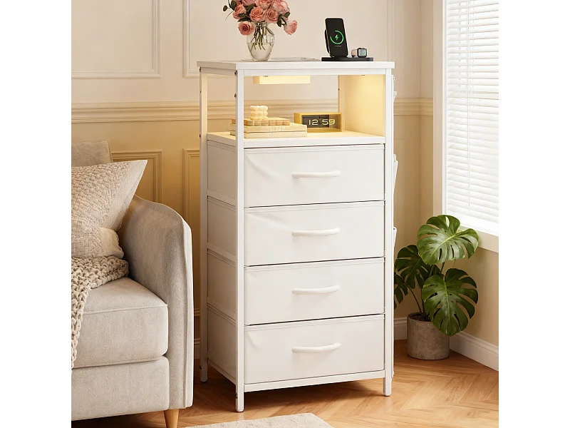 Meuble De Chevet Commode 4 Tiroirs avec LED et USB, 4 Poches latérales et crochets en 2 forme de L,Table de Nuit Moderne pour Chambre à Coucher, Beige