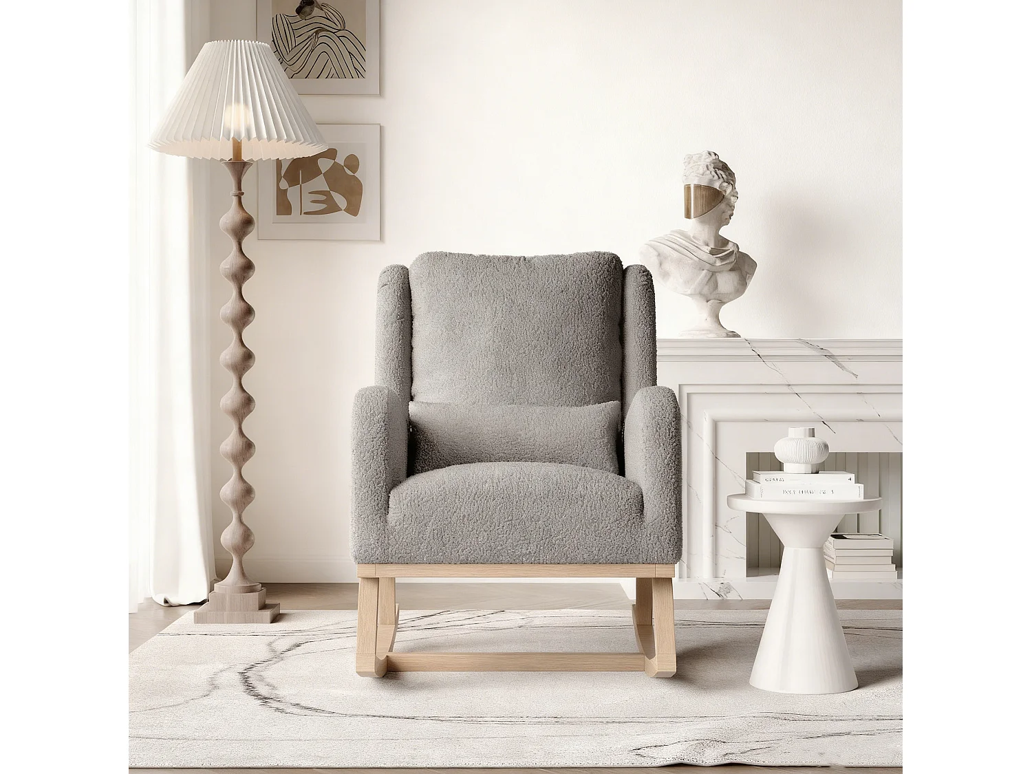 Fauteuil à bascule en Tissu velours Teddy - fauteuil de relaxation - avec 2 poches latérales et pieds en bois - style scandinave - gris