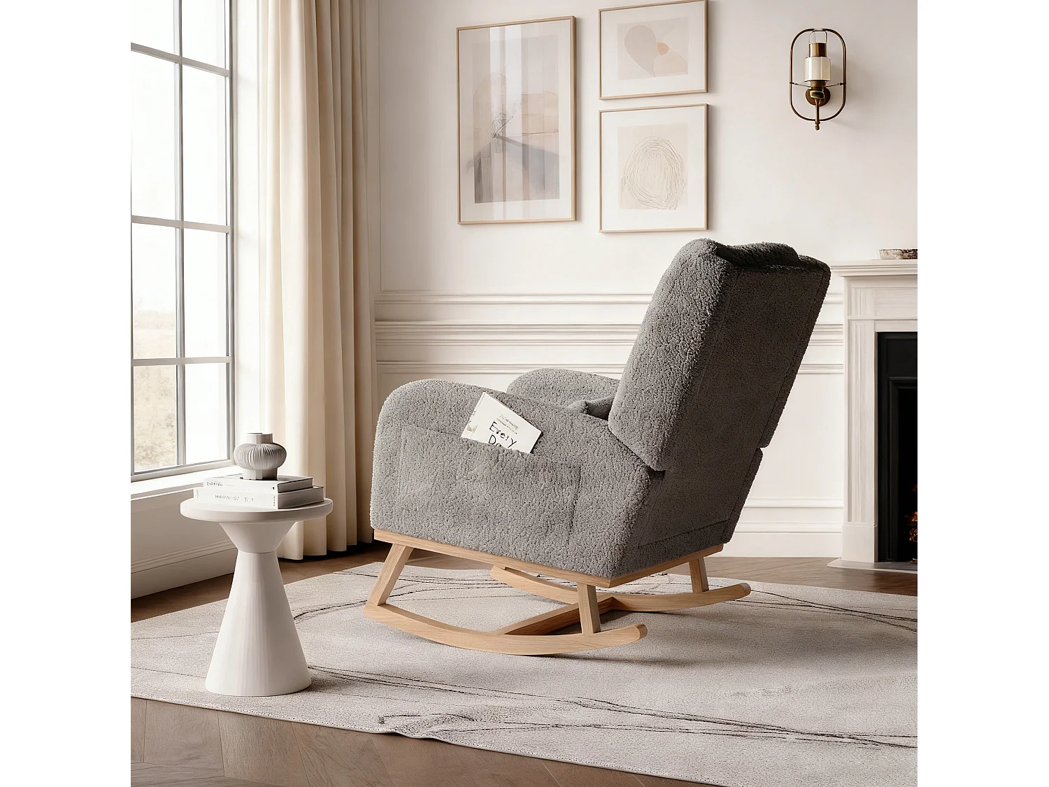Fauteuil à bascule en Tissu velours Teddy - fauteuil de relaxation - avec 2 poches latérales et pieds en bois - style scandinave - gris
