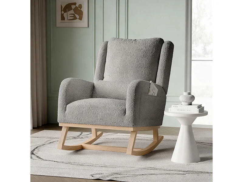 Fauteuil à bascule en Tissu velours Teddy - fauteuil de relaxation - avec coussin et 2 poches latérales - pieds en bois - style scandinave - gris