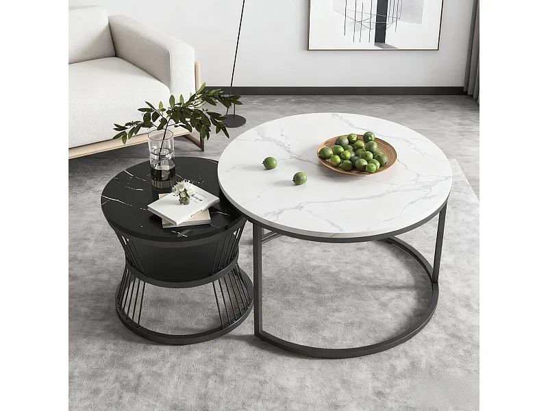 Tables basses gigognes - bois MDF et métal - tables d'appoint rondes  - aspect marbre - style modern - noir et blanc