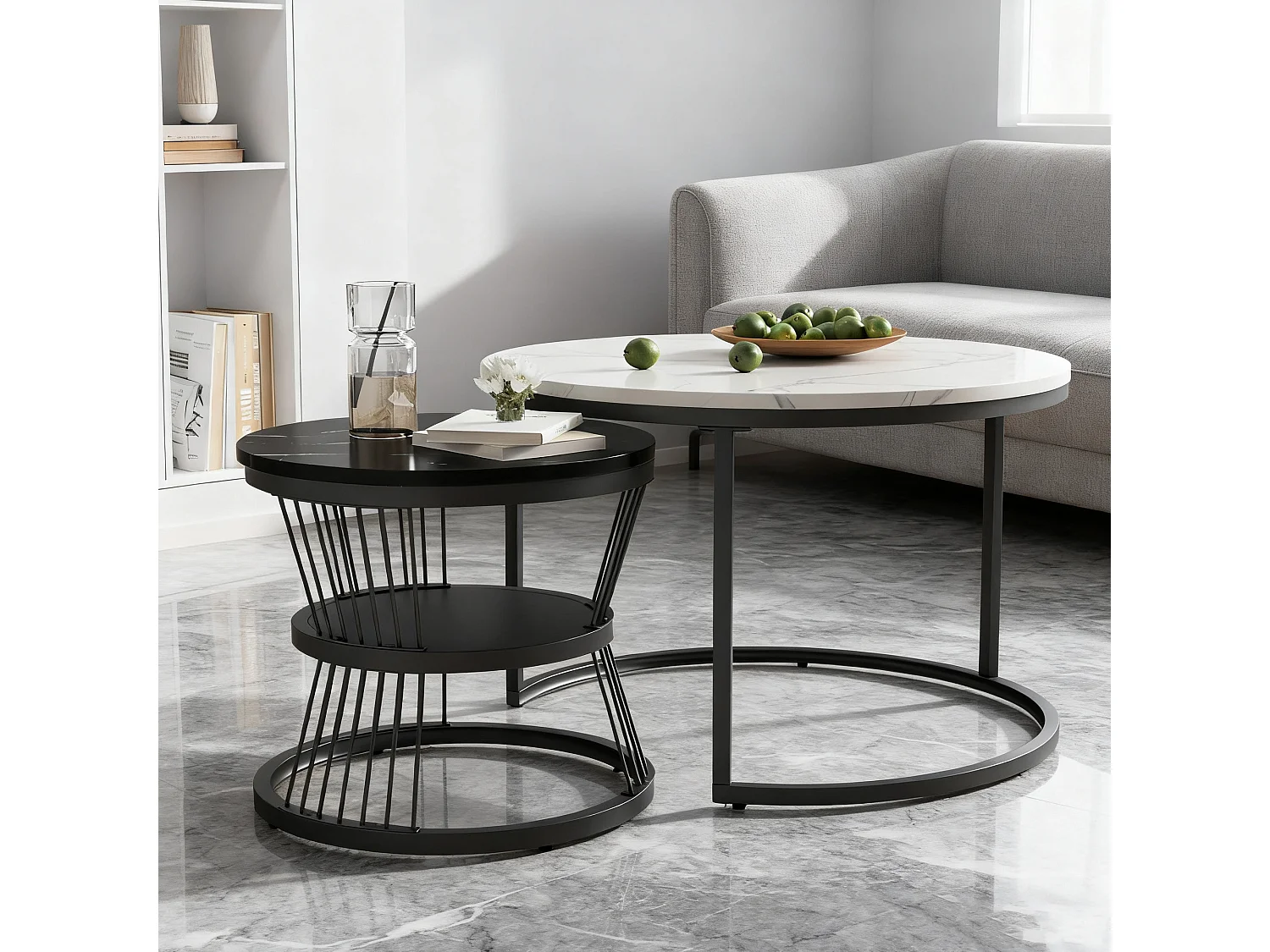 Tables basses gigognes - bois MDF et métal - tables d'appoint rondes  - aspect marbre - style modern - noir et blanc