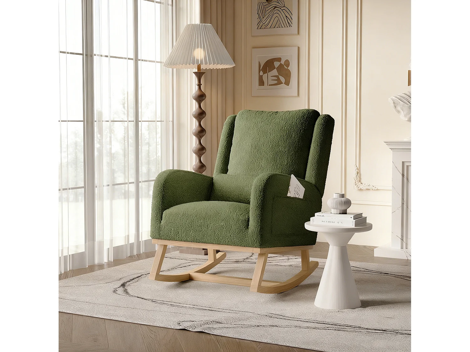 Fauteuil à bascule en Tissu velours Teddy - fauteuil de relaxation - avec 2 poches latérales et pieds en bois - style scandinave - vert