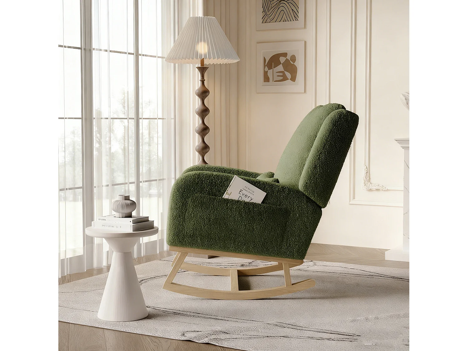 Fauteuil à bascule en Tissu velours Teddy - fauteuil de relaxation - avec 2 poches latérales et pieds en bois - style scandinave - vert