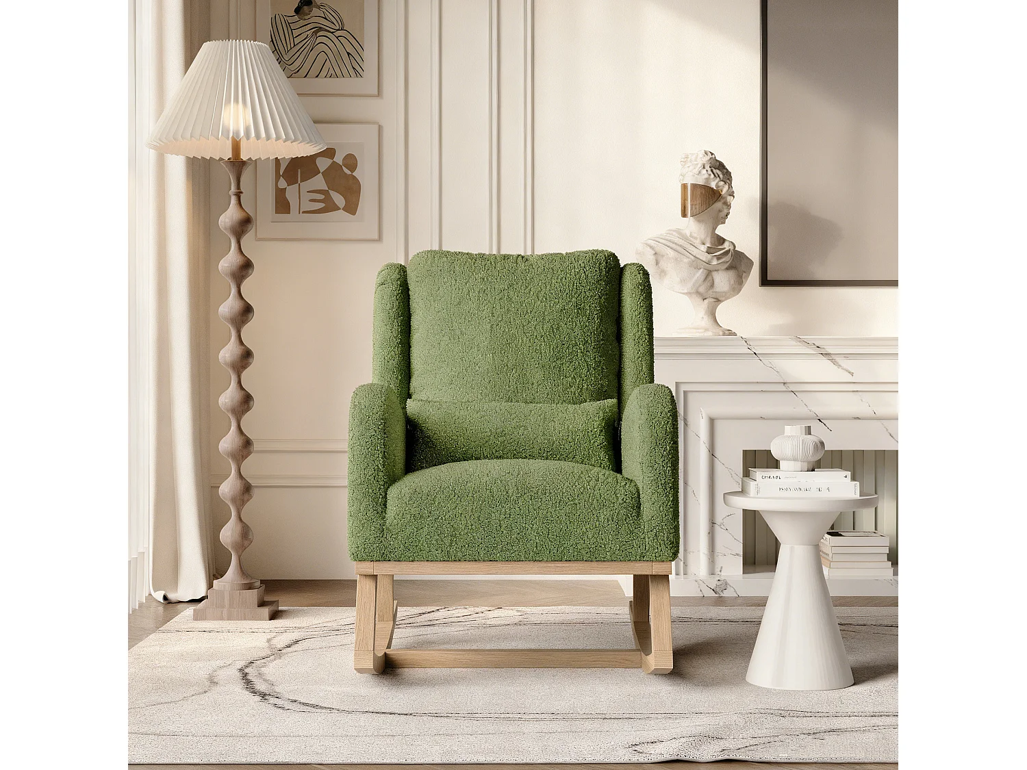 Fauteuil à bascule en Tissu velours Teddy - fauteuil de relaxation - avec coussin et 2 poches latérales - pieds en bois - style scandinave - vert