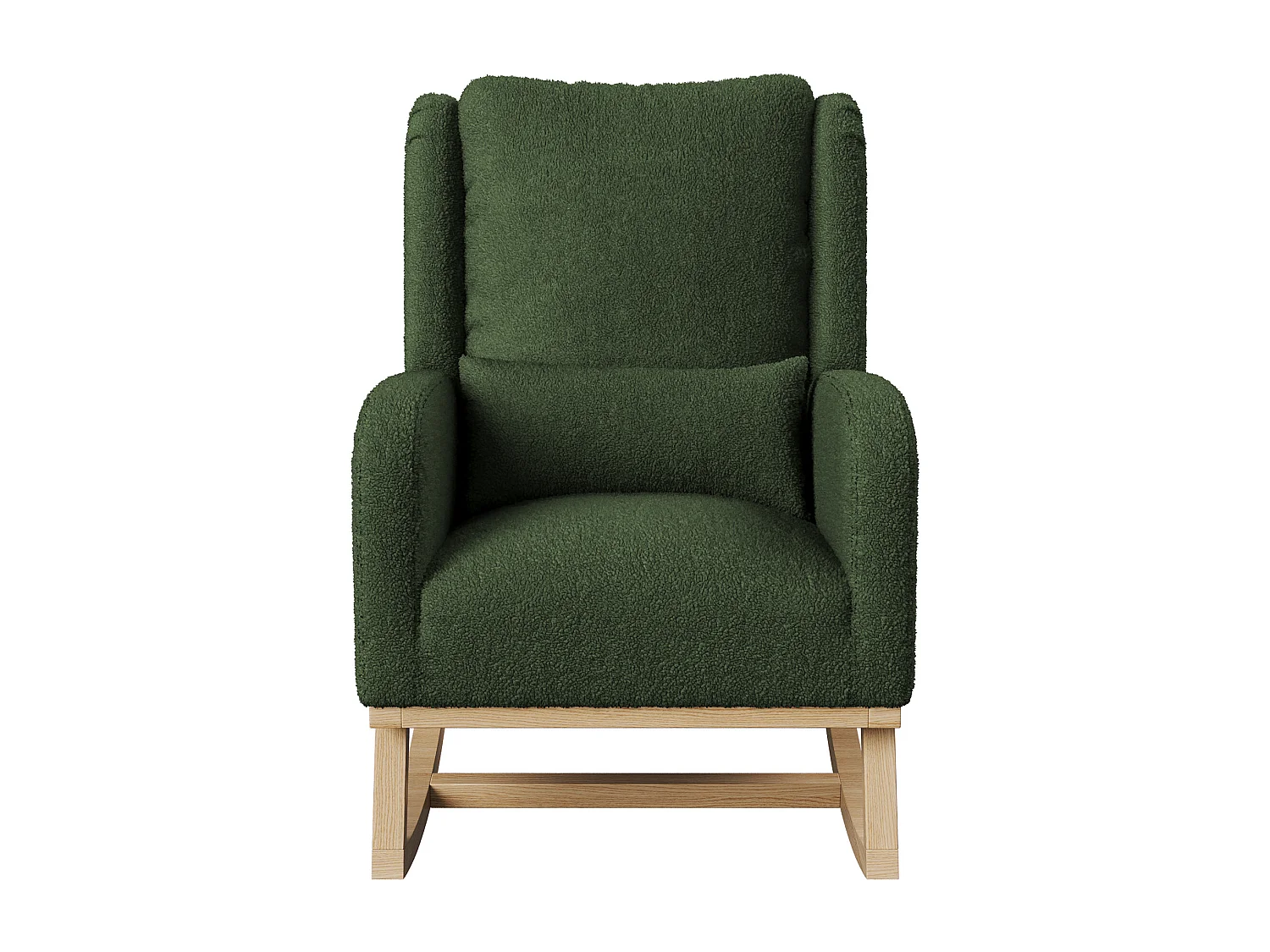 Fauteuil à bascule en Tissu velours Teddy - fauteuil de relaxation - avec coussin et 2 poches latérales - pieds en bois - style scandinave - vert